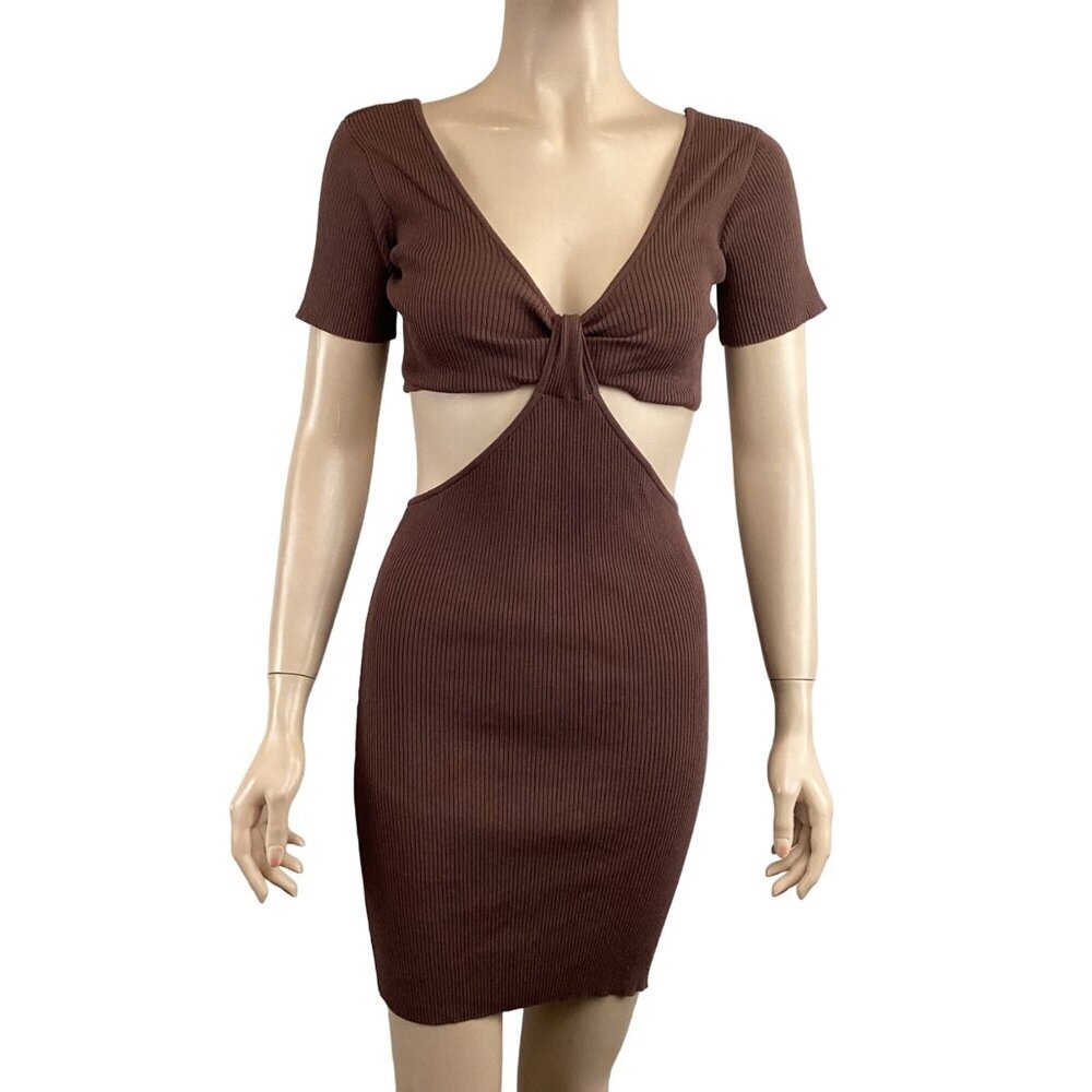 Olivaceous Sexy‎ Cut-Out Ribbed Knit Bodycon Dress Medium Mini Brown